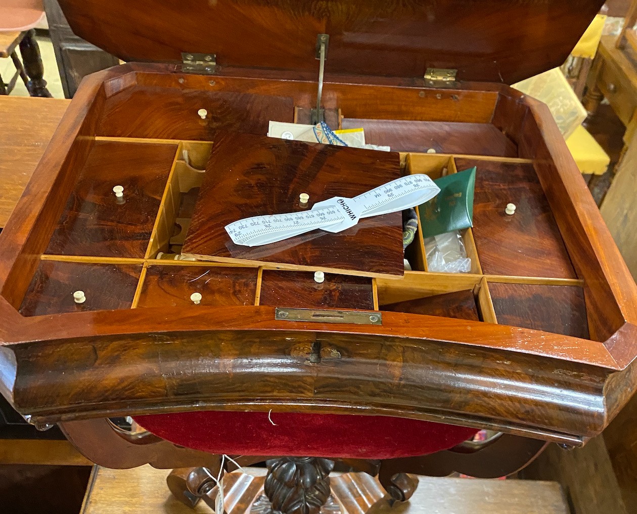 A 19th century French mahogany work table, width 49cm, depth 39cm, height 73cm